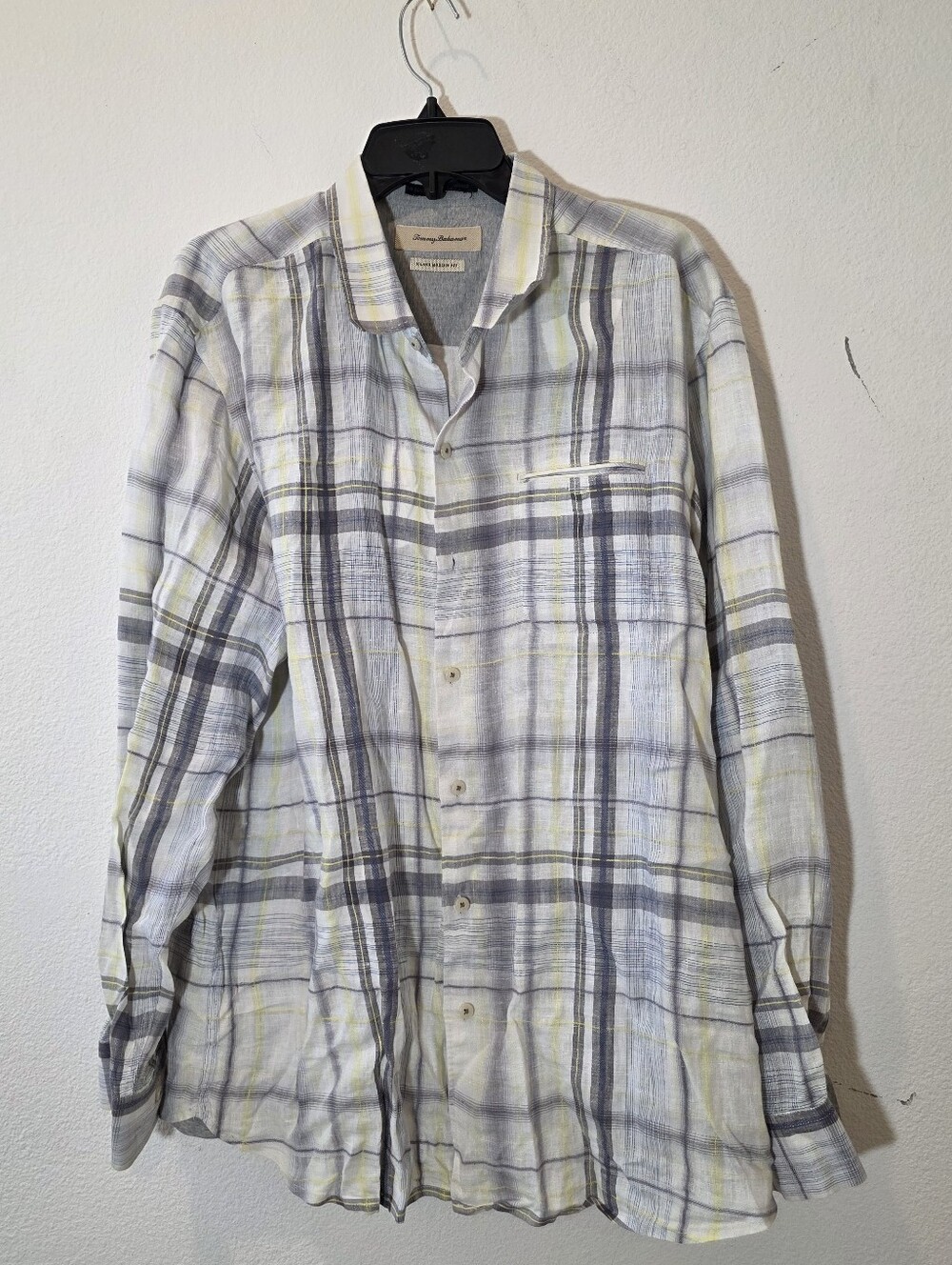 Tommy Bahama Plaid Button-Up Shirt in White, Gray & Yellow Linen100% NWOT